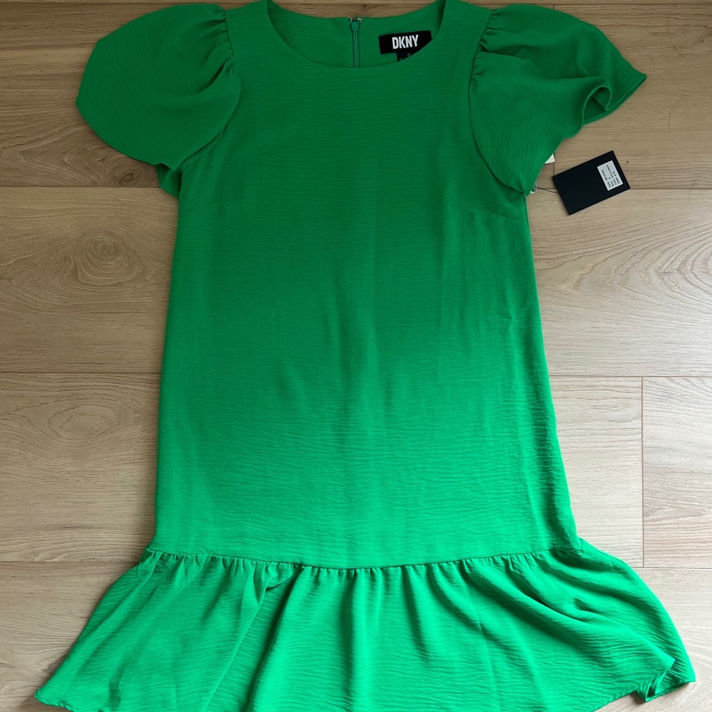 Green Midi Length DKNY Puff Sleeved Dress, Size 4